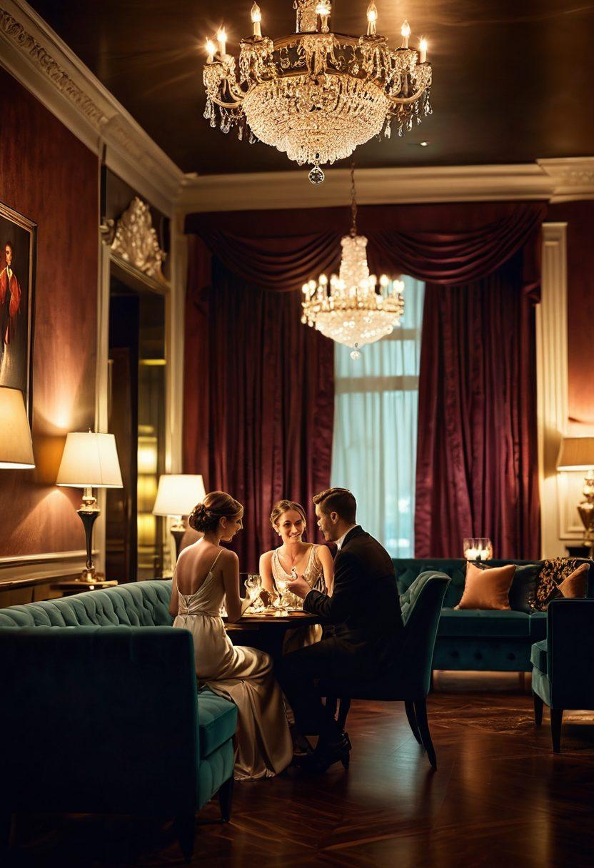A sophisticated couple in an upscale lounge, engaging in flirtatious conversation, with subtle intimate gestures like slight touches and leaning in. The background showcases dim lighting, chandeliers, and a romantic ambiance, while other couples in the distance also seem engrossed in flirtatious interactions. super-realistic. vibrant colors. warm tones.