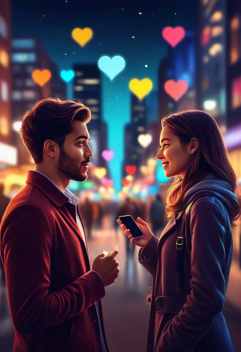 A contemporary city night scene with blurred city lights in the background, featuring diverse, confident individuals engaging in light-hearted, casual conversations. Icons of dating apps float above, connecting hearts subtly glowing in the ambient light. Modern, vibrant colors with a hint of mystery. vector art.