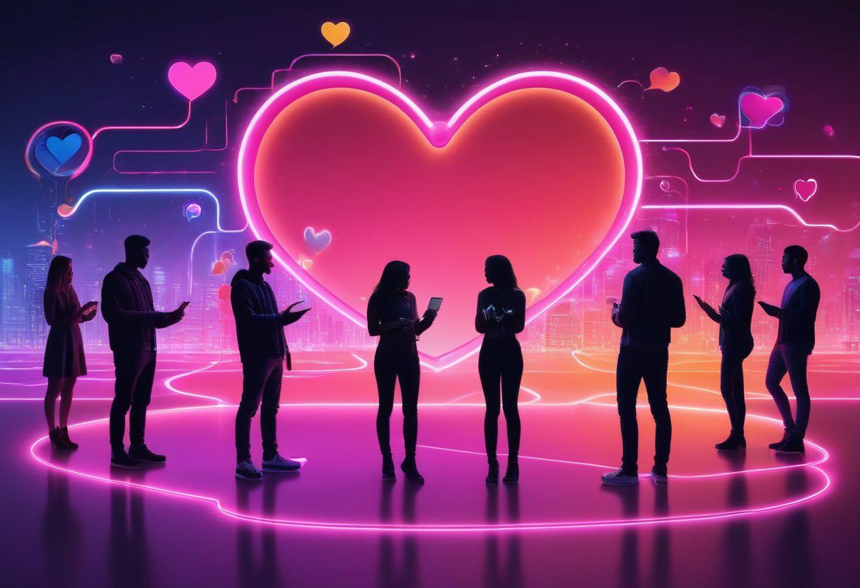 A modern digital landscape filled with floating app icons of popular dating apps, each icon connected by neon lines to symbolize connection. In the center, a diverse group of people, both men and women, happily engaging with their smartphones. A subtle background of a heart and chat bubbles to represent love and communication. vibrant colors. super-realistic.